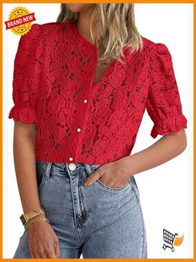 Women's Lace Short Puff Sleeve Button Down Blouse Summer Top